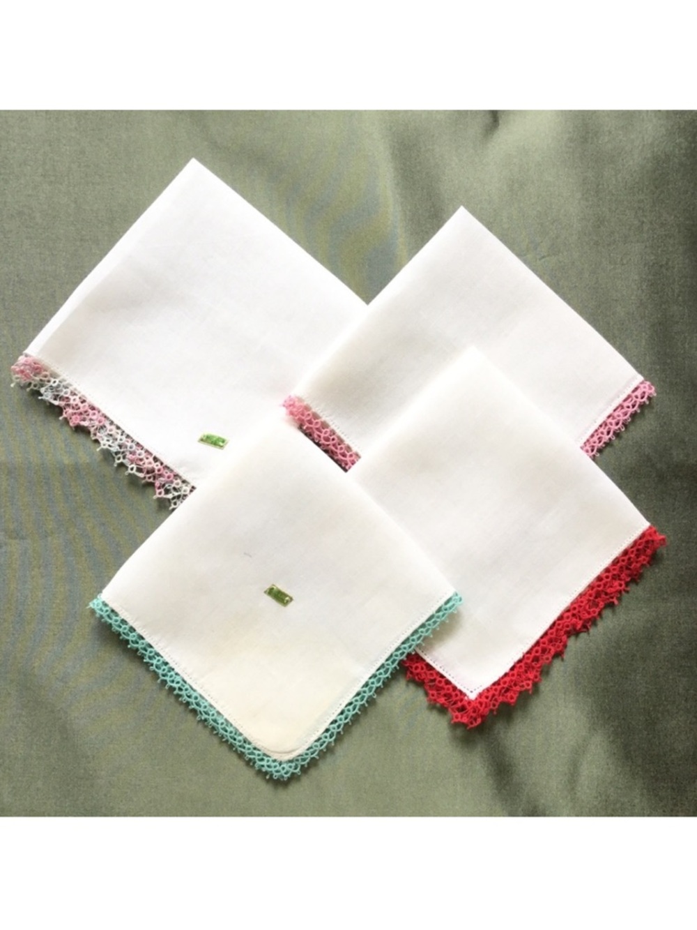 4 Vintage Linen Handkerchiefs w/Tatting Trim
